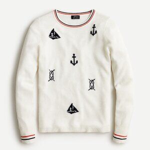 NWT J.Crew Cashmere Crewneck Sweater with Nautical Embroidery in Snow Navy L